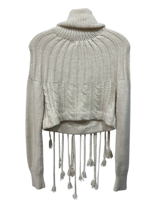 Linda Loudermilk Size S Cream Chunky Knit Braided Fringe Turtleneck Sweater Cream / S