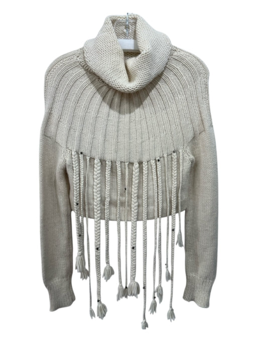 Linda Loudermilk Size S Cream Chunky Knit Braided Fringe Turtleneck Sweater Cream / S