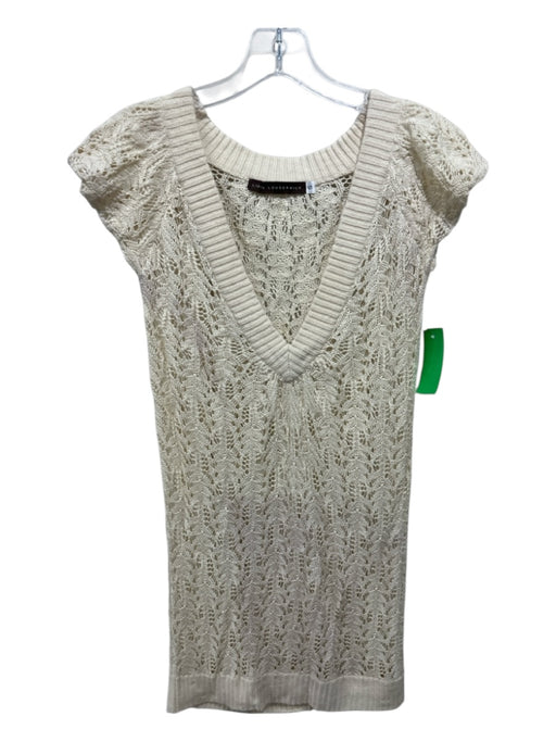 Linda Loudermilk Size S Cream Silk Blend Crochet Knit V Neck short sleeve Top Cream / S