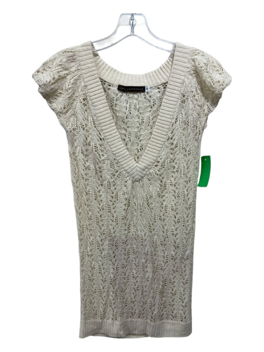 Linda Loudermilk Size S Cream Silk Blend Crochet Knit V Neck short sleeve Top Cream / S