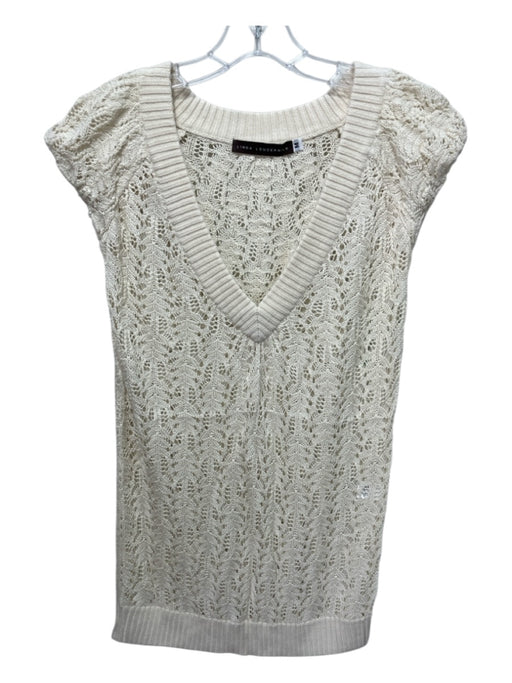Linda Loudermilk Size M Cream Silk Blend Crochet Knit V Neck short sleeve Top Cream / M