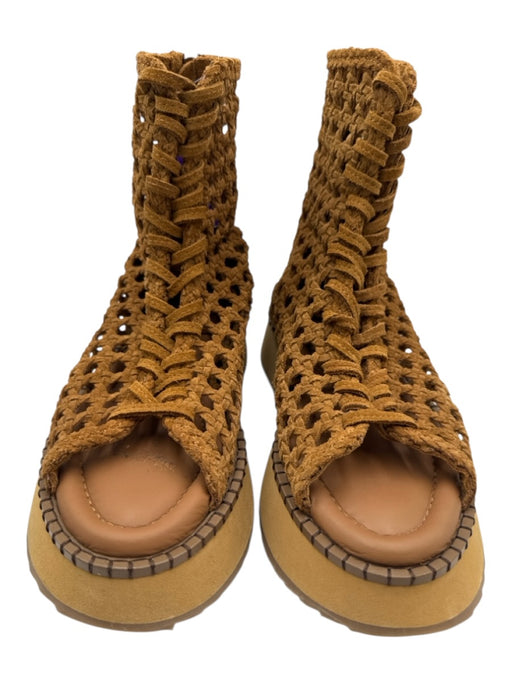 Free People Shoe Size 6 Camel Brown Suede Woven Back Zip Peep Toe Booties Camel Brown / 6