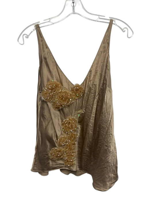 Linda Loudermilk Size XL Beige Silk Sleeveless Floral Applique Scoop Neck Top Beige / XL