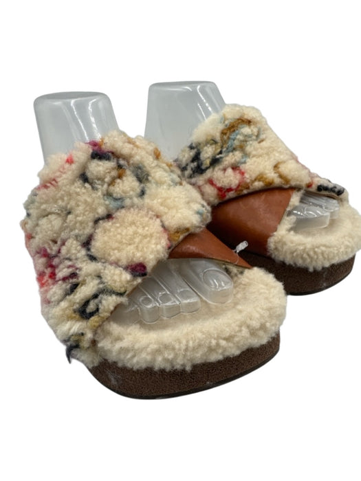 Chloe Shoe Size 36 Beige & Multi Sherpa Fleece Abstract Peep Toe Slide Sandals Beige & Multi / 36