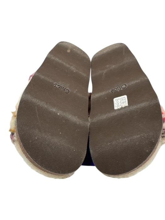 Chloe Shoe Size 36 Beige & Multi Sherpa Fleece Abstract Peep Toe Slide Sandals Beige & Multi / 36