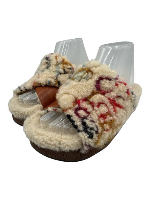 Chloe Shoe Size 36 Beige & Multi Sherpa Fleece Abstract Peep Toe Slide Sandals Beige & Multi / 36