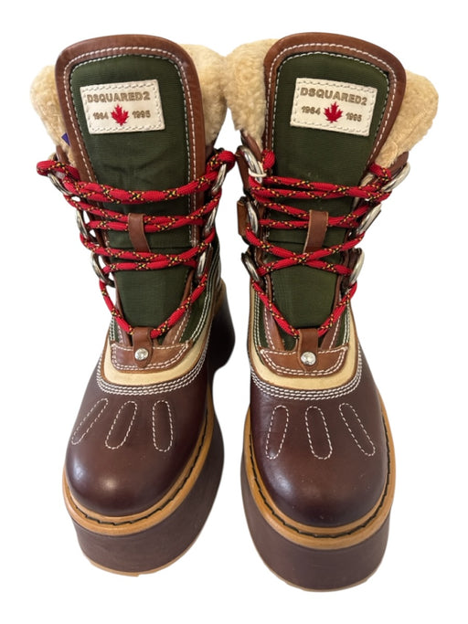 Dsquared2 Shoe Size 37 Brown, Red, Green Leather Sherpa Fleece Lace Up Boots Brown, Red, Green / 37