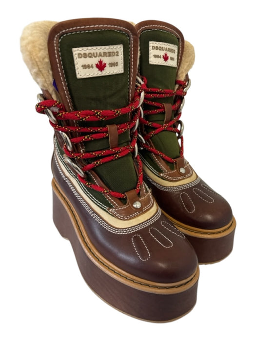 Dsquared2 Shoe Size 37 Brown, Red, Green Leather Sherpa Fleece Lace Up Boots Brown, Red, Green / 37
