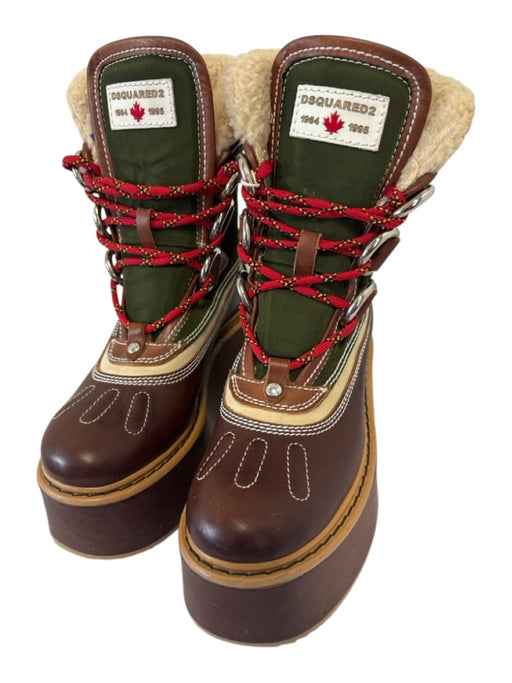 Dsquared2 Shoe Size 37 Brown, Red, Green Leather Sherpa Fleece Lace Up Boots Brown, Red, Green / 37