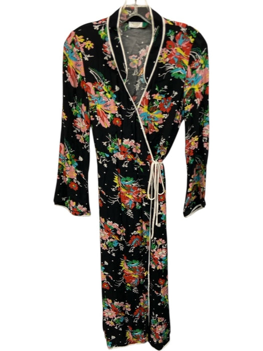 Rixo Size S Black, White, Multi Viscose Contrast Piping Floral Midi Wrap Dress Black, White, Multi / S