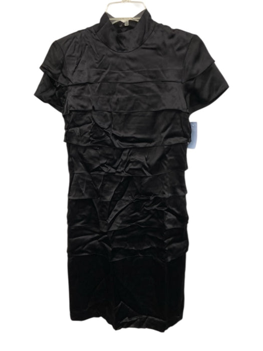Linda Loudermilk Size 6 Black Silk Hook & Eye Mock Neck Tiered Midi Dress Black / 6