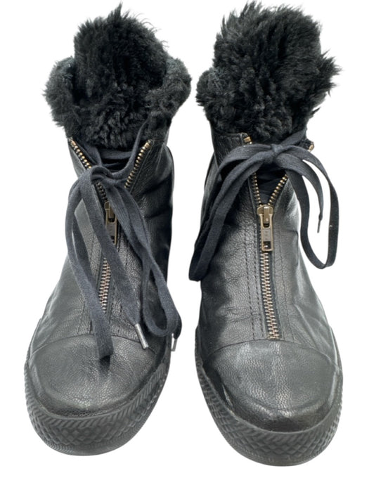 Converse Shoe Size 8 Black Leather Upper Faux Fur Lining Zip Front Booties Black / 8