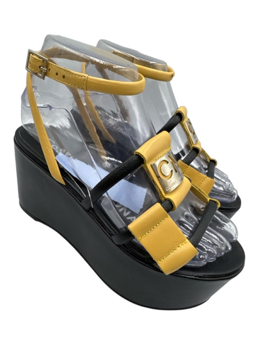 Costume National Shoe Size 6 Yellow & Black Leather Upper Logo Platform Sandals Yellow & Black / 6