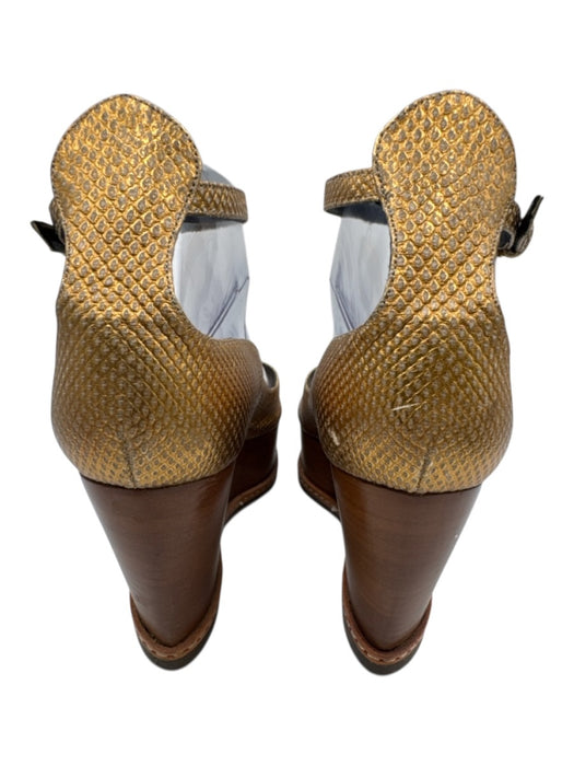 Derek Lam Shoe Size 7 Gold & Brown Leather Lizard Embossed Peep Toe Wedges Gold & Brown / 7