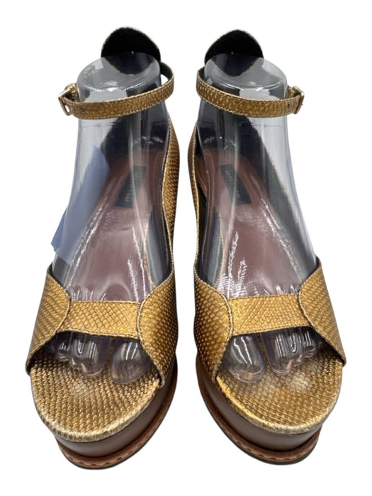 Derek Lam Shoe Size 7 Gold & Brown Leather Lizard Embossed Peep Toe Wedges Gold & Brown / 7