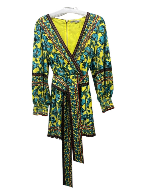 Alice + Olivia Size 2 Yellow & Green Print Cotton Floral Surplice Back Zip Dress Yellow & Green Print / 2