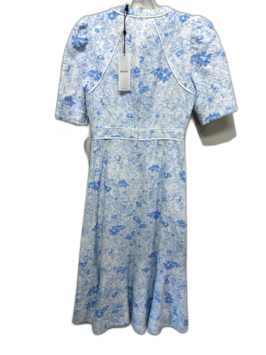 ME + EM Size 2 Blue & White Cotton Short Sleeve Floral Print Jacquard Midi Dress Blue & White / 2