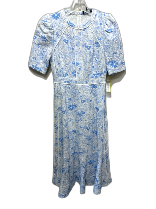 ME + EM Size 2 Blue & White Cotton Short Sleeve Floral Print Jacquard Midi Dress Blue & White / 2