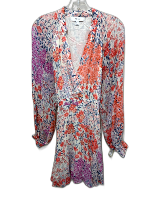 Reiss Size 4 Orange, Blue, Pink Viscose Long puff sleeve Floral Print Mini Dress Orange, Blue, Pink / 4