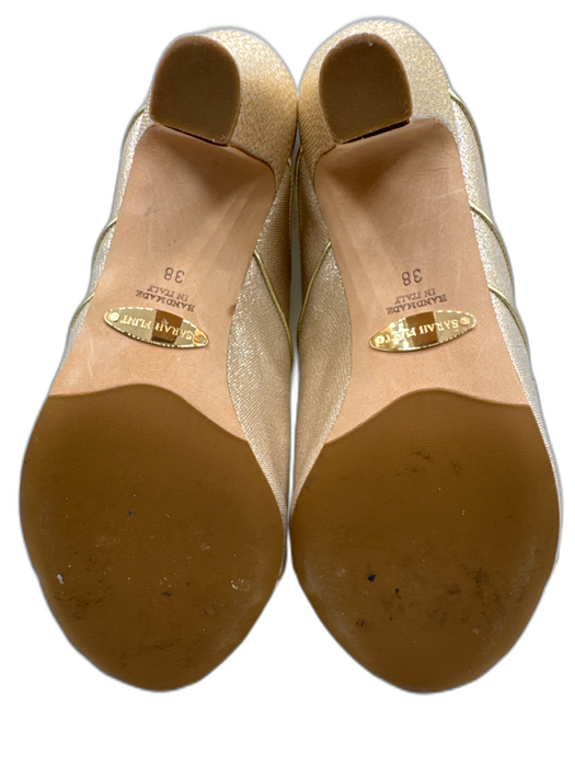 Sarah Flint Shoe Size 38 Gold Canvas & Leather Metallic Thread Peep Toe Pumps Gold / 38