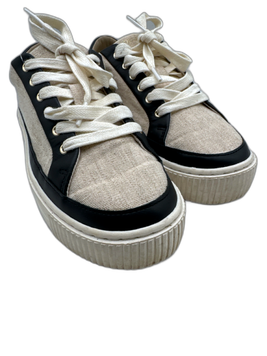 Reiss Shoe Size 7.5 Beige & Black Canvas & Leather Low Top Lace Up Sneakers Beige & Black / 7.5