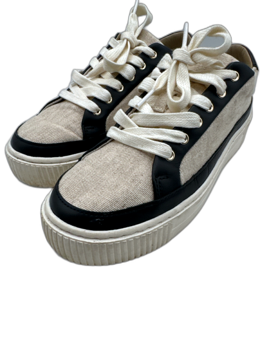 Reiss Shoe Size 7.5 Beige & Black Canvas & Leather Low Top Lace Up Sneakers Beige & Black / 7.5