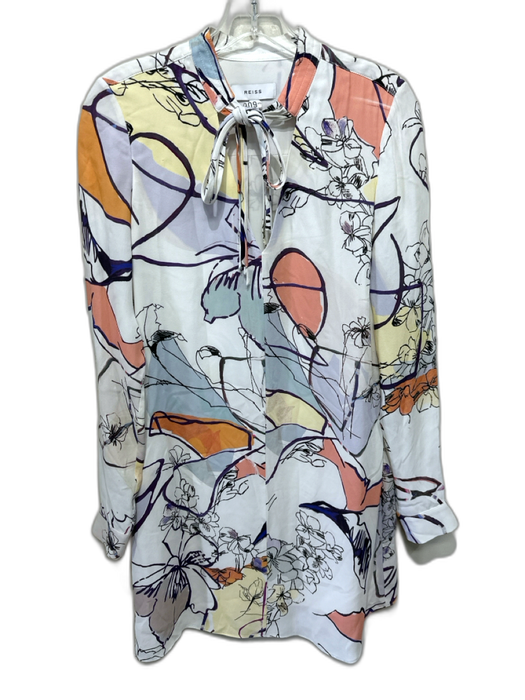 Reiss Size 2 White, Blue, Multi Viscose Abstract Floral V Neck Long Sleeve Dress White, Blue, Multi / 2