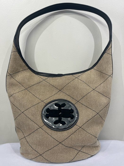 Tory Burch Tan & black Leather & Linen Quilted Logo Shoulder Hobo Bag