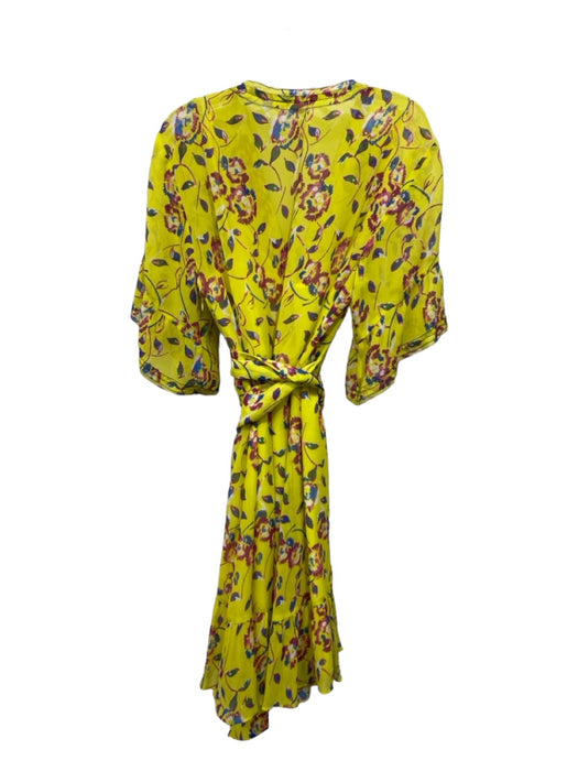 Tanya Taylor Size 2 Yellow, Pink & Blue Silk Ruffle Floral V Neck Dress Yellow, Pink & Blue / 2