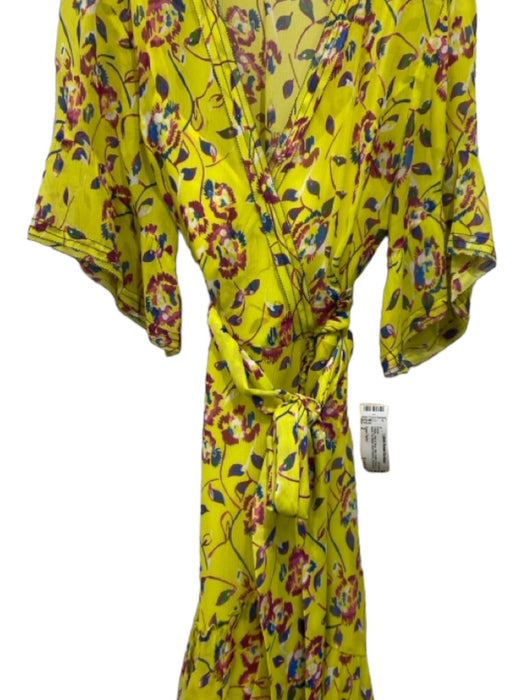 Tanya Taylor Size 2 Yellow, Pink & Blue Silk Ruffle Floral V Neck Dress Yellow, Pink & Blue / 2