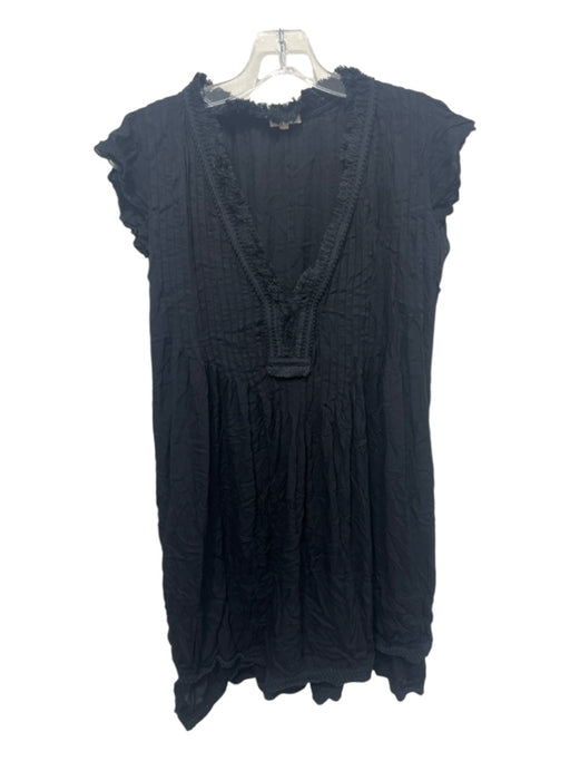 Poupette St. Barth Size L Black Viscose Cap Sleeve Solid Frayed Edge Tunic Top Black / L