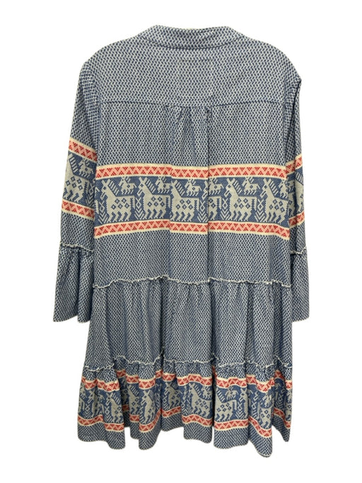 Pearl & Caviar Size M Blue, Red & White Cotton 3/4 Sleeve V Neck Tiered Dress Blue, Red & White / M