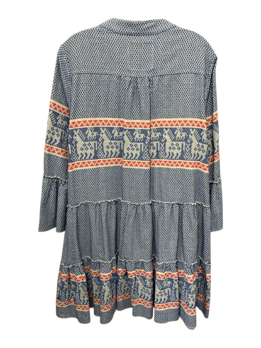 Pearl & Caviar Size M Blue, Red & White Cotton 3/4 Sleeve V Neck Tiered Dress Blue, Red & White / M