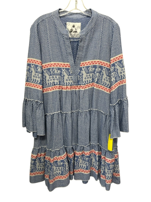 Pearl & Caviar Size M Blue, Red & White Cotton 3/4 Sleeve V Neck Tiered Dress Blue, Red & White / M
