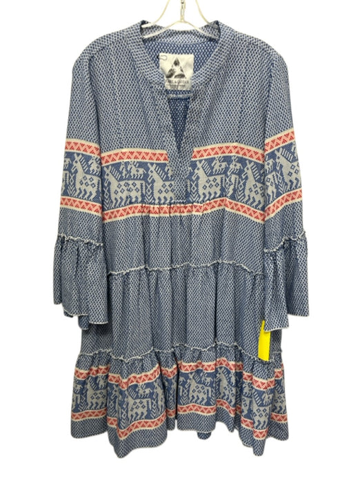 Pearl & Caviar Size M Blue, Red & White Cotton 3/4 Sleeve V Neck Tiered Dress Blue, Red & White / M