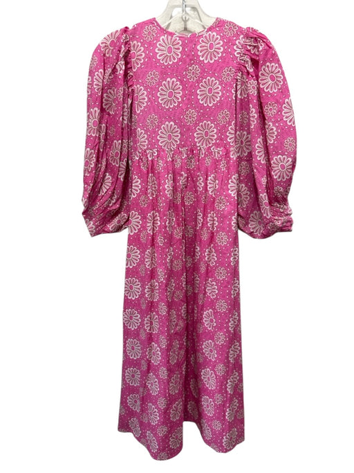 Mille Size L Pink & White Cotton Keyhole Front Floral Pockets Midi Dress Pink & White / L