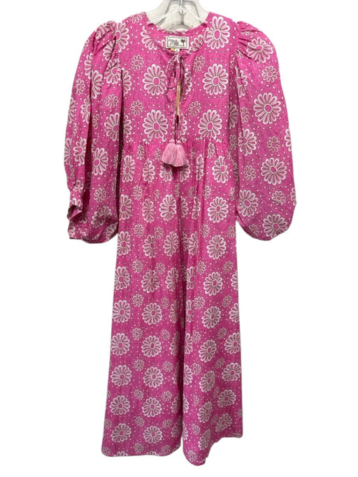 Mille Size L Pink & White Cotton Keyhole Front Floral Pockets Midi Dress Pink & White / L