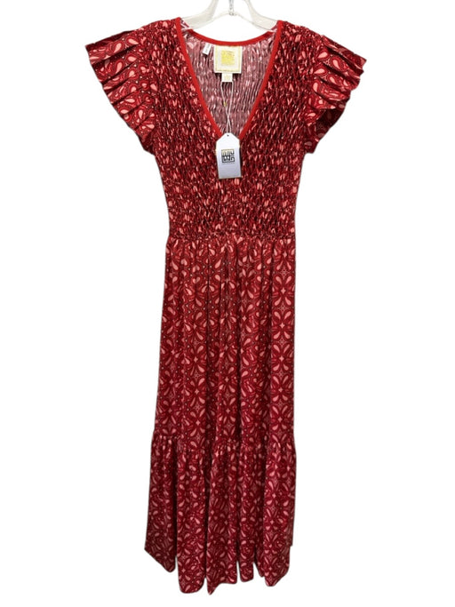 Emily McCarthy Size L Red & Multi Polyester Maxi Flutter Sleeve Printed Dress Red & Multi / L