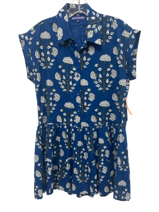 Ro's Garden Size XS Blue, White, Green Cotton Half Button Floral Pleated Dress Blue, White, Green / XS