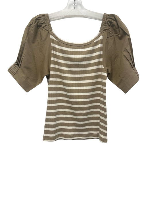 J Crew Size Small Beige & White Cotton Blend Short Puff Sleeve Striped Top Beige & White / Small