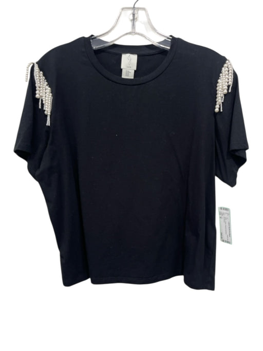 Joie Size M Black Cotton Beaded Applique Top Black / M