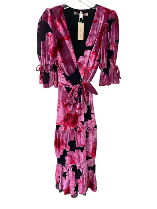 Hutch Size S Pink & Black Viscose & Nylon Velvet Tiered Ruffle sleeve Wrap Dress Pink & Black / S