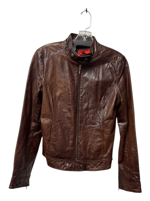 Elements Size 6 Brown Leather Front Zip Silver Hardware Snap at Neck Jacket Brown / 6