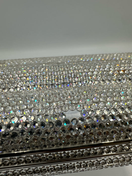 Judith Leiber Silver Rhinestone Push Clasp Bedazzled Clutch Shoulder Bag