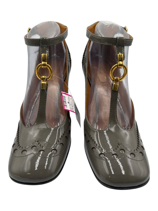 Chloe Shoe Size 39 Taupe Gray Patent Leather Block Heel Western T Strap Pumps Taupe Gray / 39