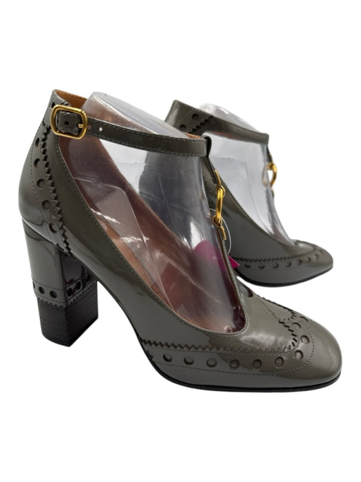 Chloe Shoe Size 39 Taupe Gray Patent Leather Block Heel Western T Strap Pumps Taupe Gray / 39