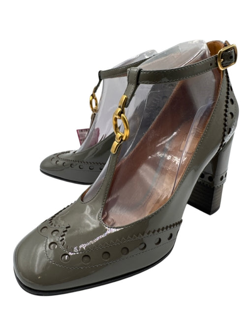 Chloe Shoe Size 39 Taupe Gray Patent Leather Block Heel Western T Strap Pumps Taupe Gray / 39