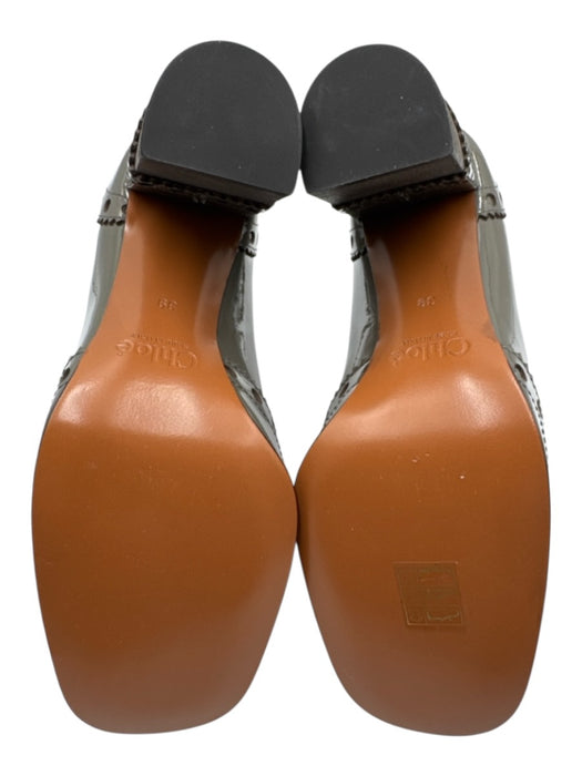 Chloe Shoe Size 39 Taupe Gray Patent Leather Block Heel Western T Strap Pumps Taupe Gray / 39