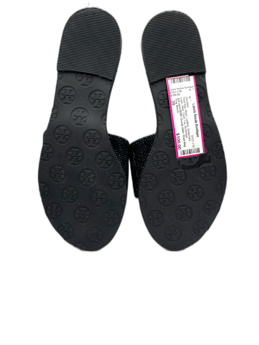 Tory Burch Shoe Size 39 Black Leather Bedazzled Logo Slide Open Toe Sandals Black / 39