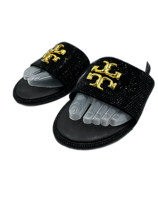 Tory Burch Shoe Size 39 Black Leather Bedazzled Logo Slide Open Toe Sandals Black / 39